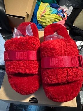 UGG Red Fluff Slide Slippers with Branded Strap